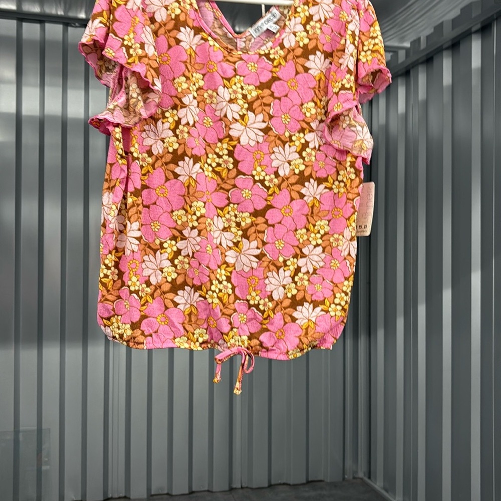 NWT Inner Circle Floral Pink & Brown SS Women's Top Blouse Elastic Tie Waist XL